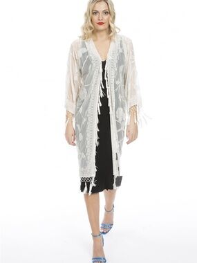 JayLey Devore Floral Lace Fringe Kimono Duster Jacket w beadwork Boho Bridal M